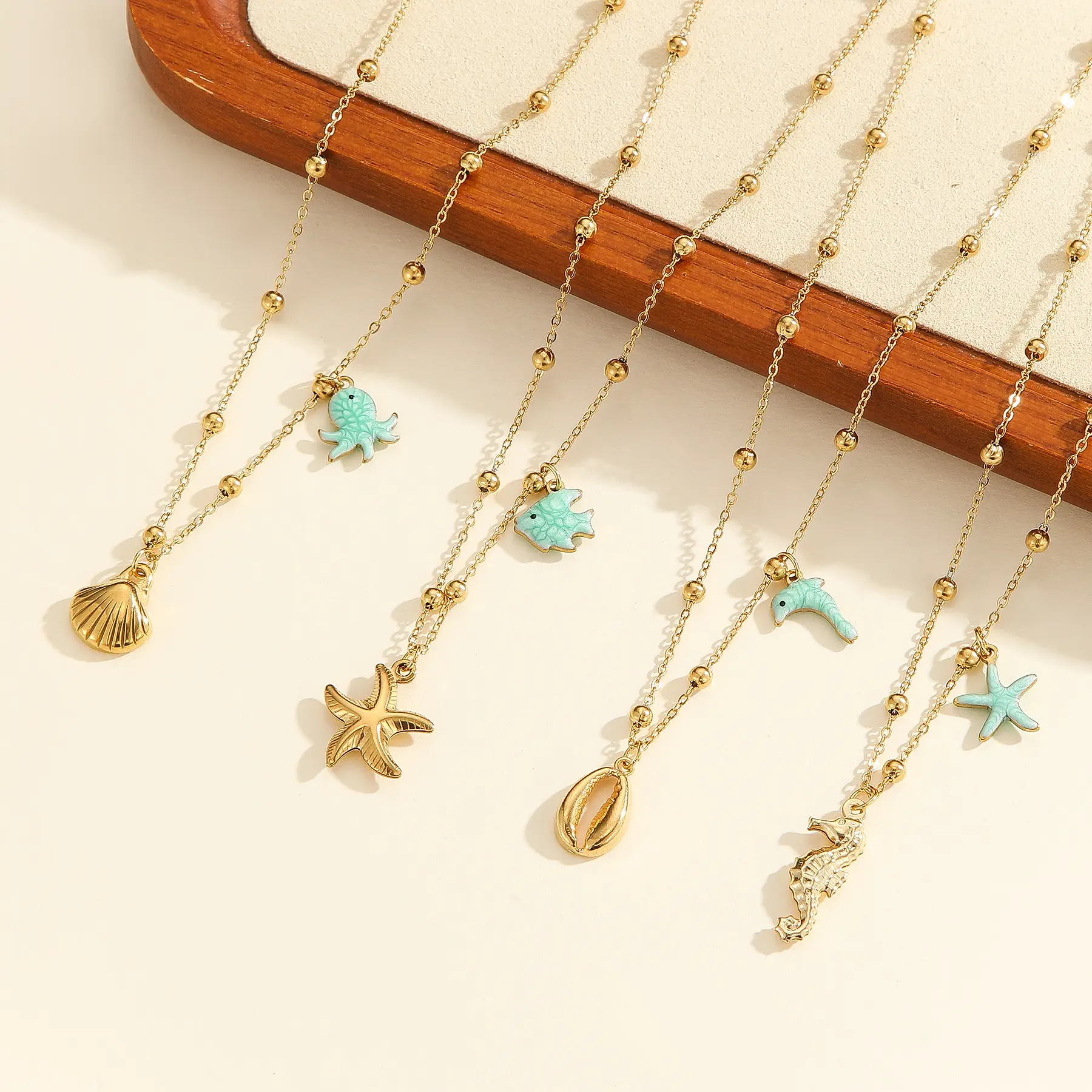 Freeteeme Fashion Shell Starfish Charms Necklace for Women Stainless Steel Cute Ocean Series Beaded Chain Jewelry Holiday Gifts