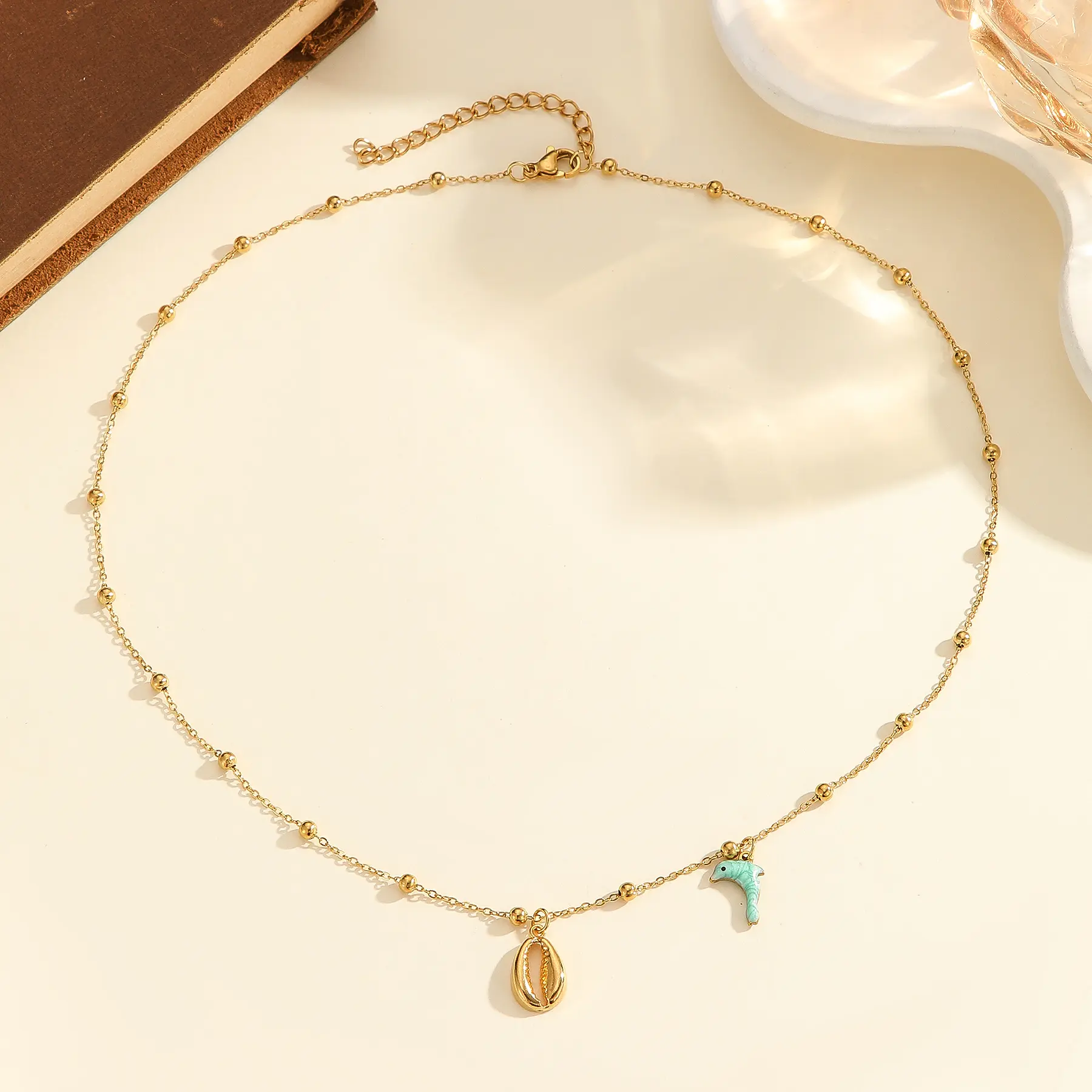 Freeteeme Fashion Shell Starfish Charms Necklace for Women Stainless Steel Cute Ocean Series Beaded Chain Jewelry Holiday Gifts