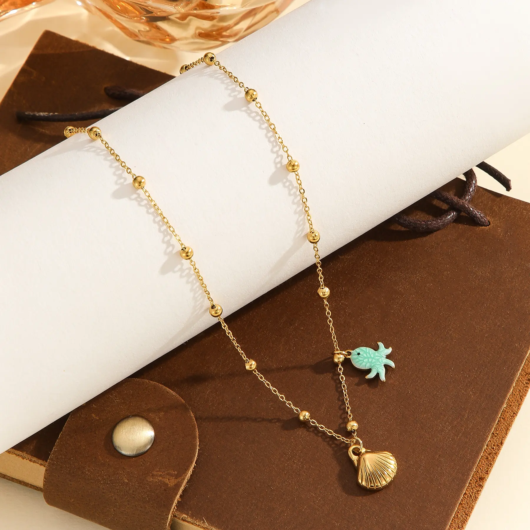 Freeteeme Fashion Shell Starfish Charms Necklace for Women Stainless Steel Cute Ocean Series Beaded Chain Jewelry Holiday Gifts