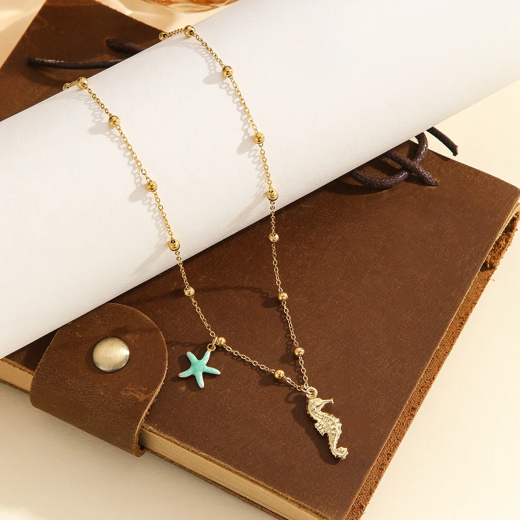 Freeteeme Fashion Shell Starfish Charms Necklace for Women Stainless Steel Cute Ocean Series Beaded Chain Jewelry Holiday Gifts
