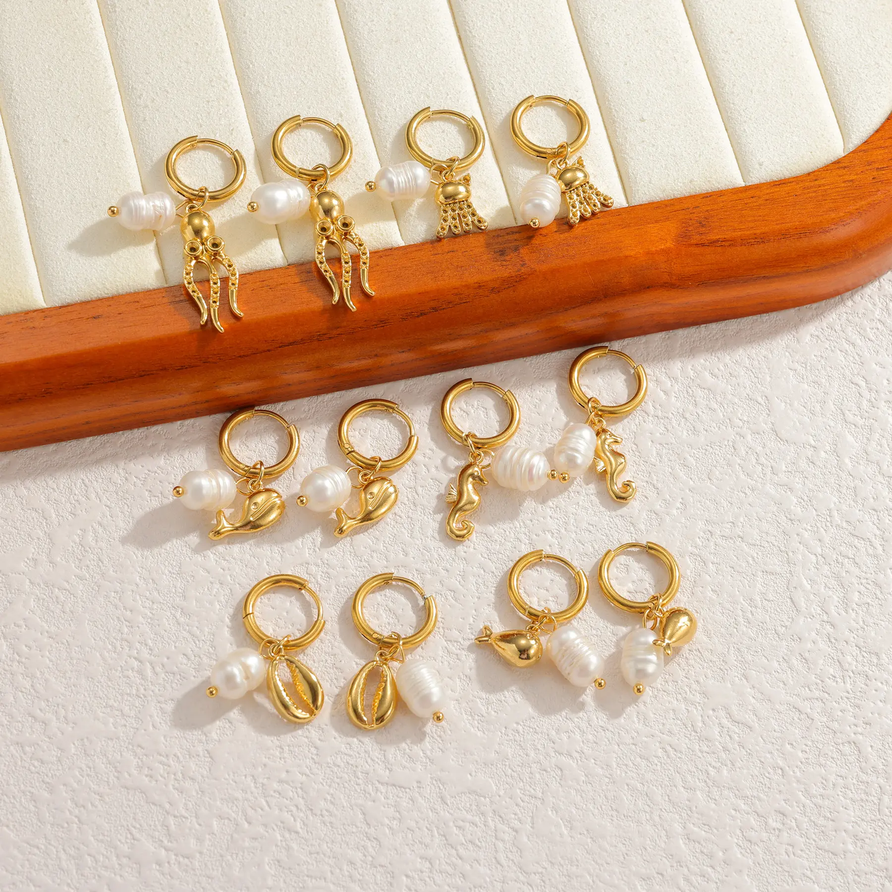 Freeteeme Fashion Ceramics Shell Dolphin Fish Earrings for Women 18K Gold Plated Cute Ocean Series Charms Ear Clip Jewelry Gift