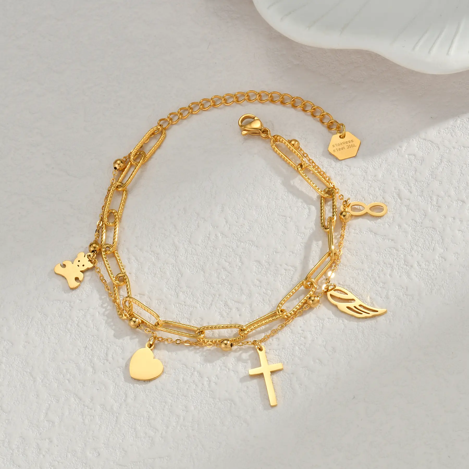 Freeteeme Trendy Double Layer Bracelet for Women Stainless Steel Geometric Star Moon Cross Zircon Hand Chain Party Gift Jewelry