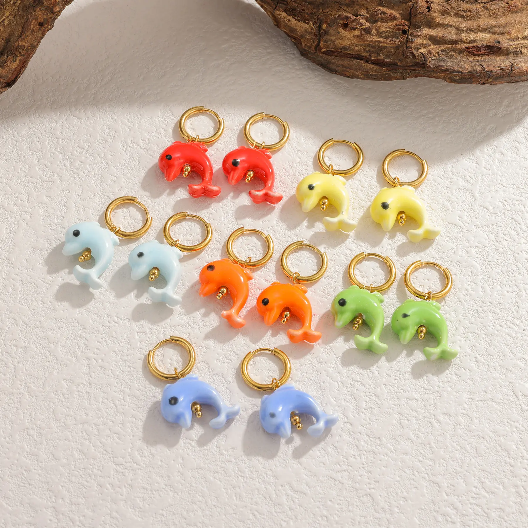 Freeteeme Fashion Ceramics Shell Dolphin Fish Earrings for Women 18K Gold Plated Cute Ocean Series Charms Ear Clip Jewelry Gift