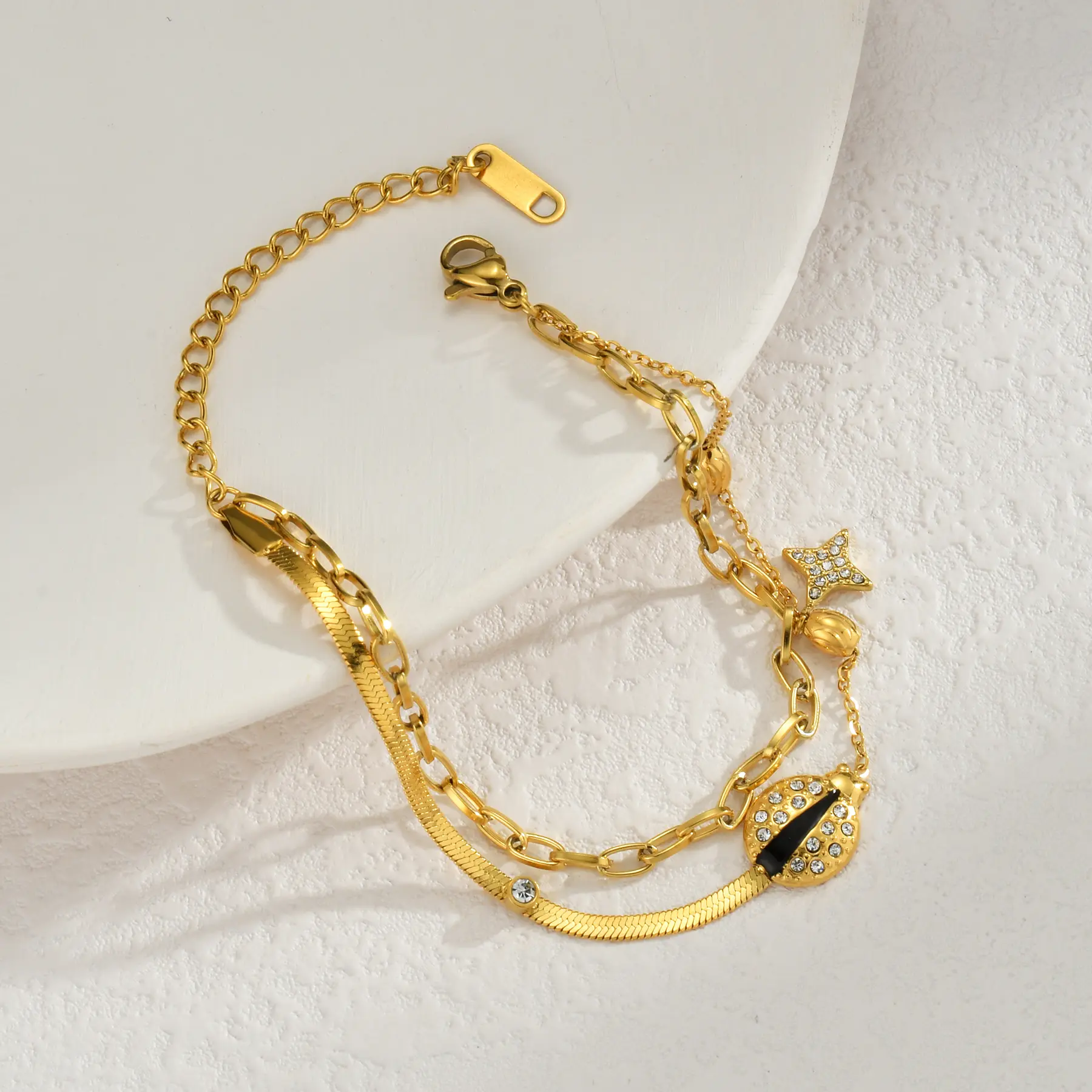 Freeteeme Trendy Double Layer Bracelet for Women Stainless Steel Geometric Star Moon Cross Zircon Hand Chain Party Gift Jewelry
