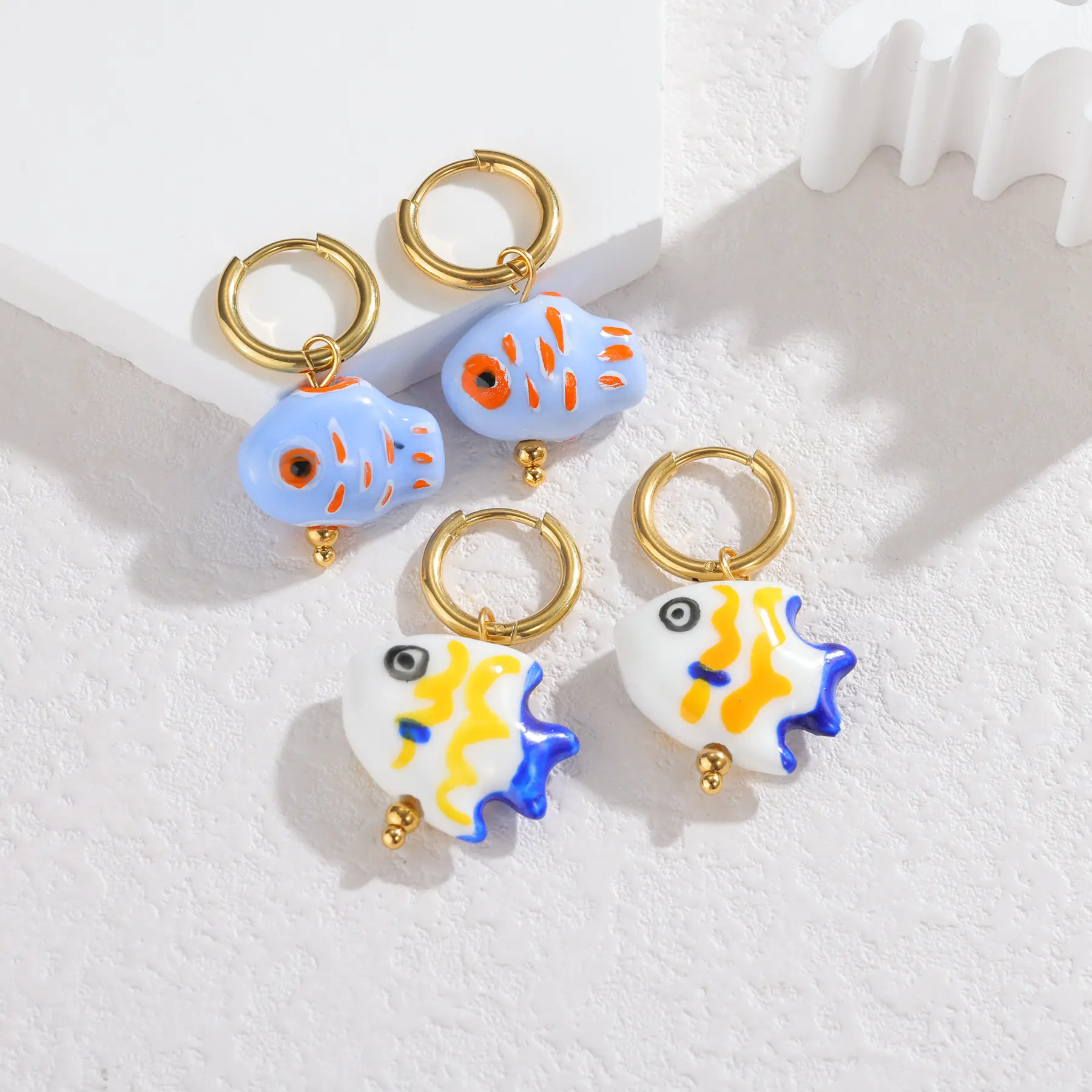 Freeteeme Fashion Ceramics Shell Dolphin Fish Earrings for Women 18K Gold Plated Cute Ocean Series Charms Ear Clip Jewelry Gift
