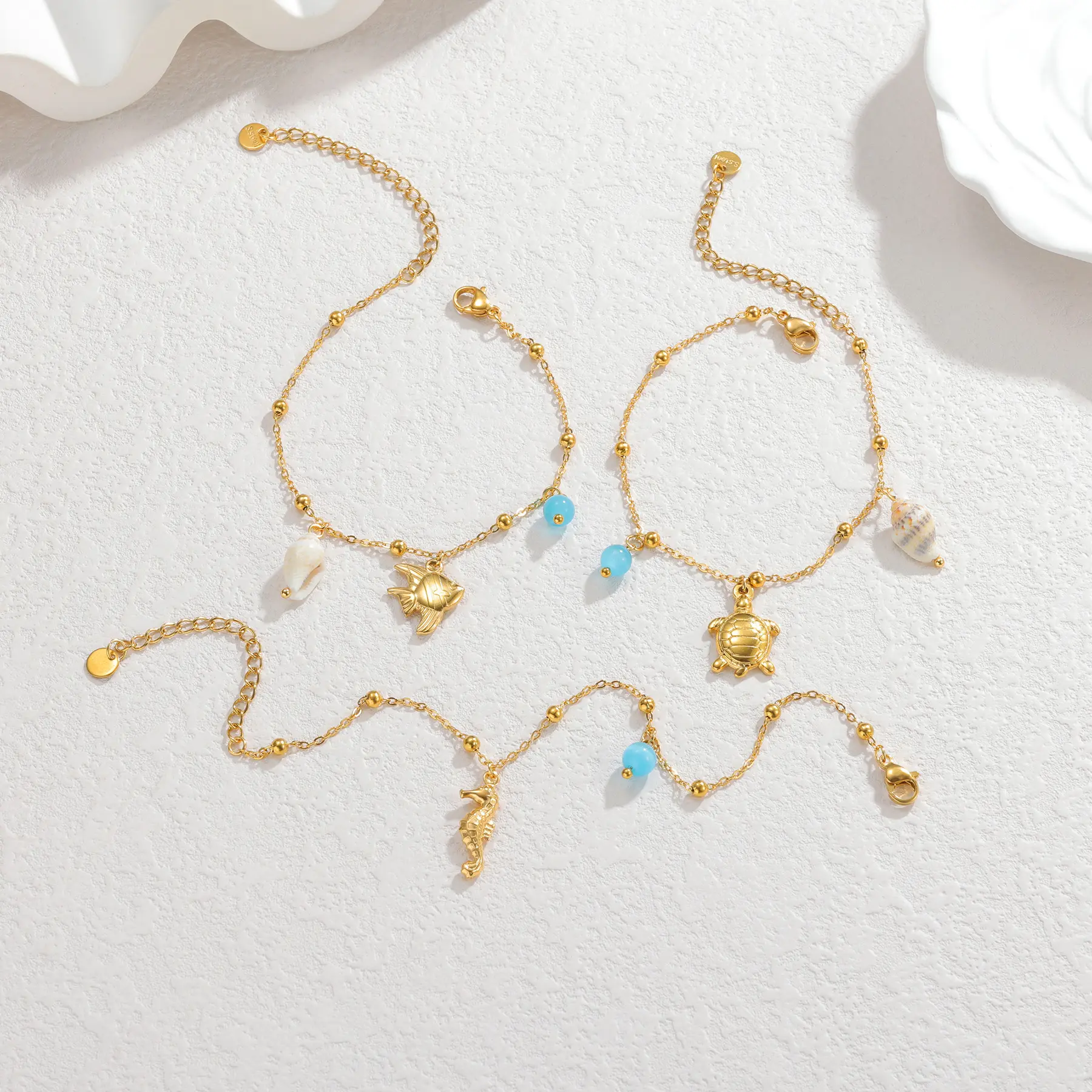 Freeteeme High-End Ocean Series Cute Charm Bracelet for Women Shell Fish Pendant Hand Chain Gold Color Trendy Beach Jewelry Gift