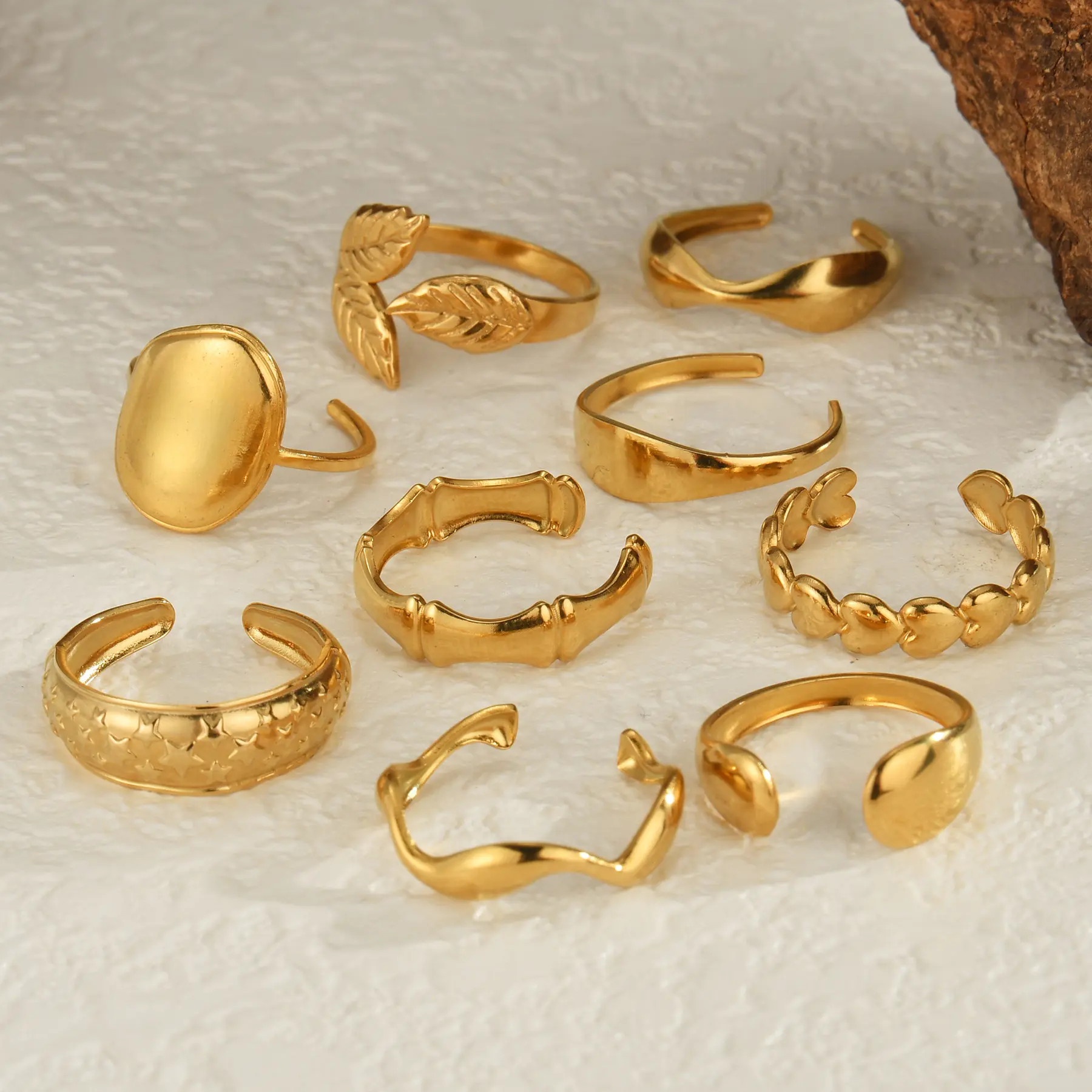 Freeteeme New Fashion Various 14K Gold Plated Ring for Women Stainless Steel Geometry Open Ring Accessories Jewelry Wedding Gift