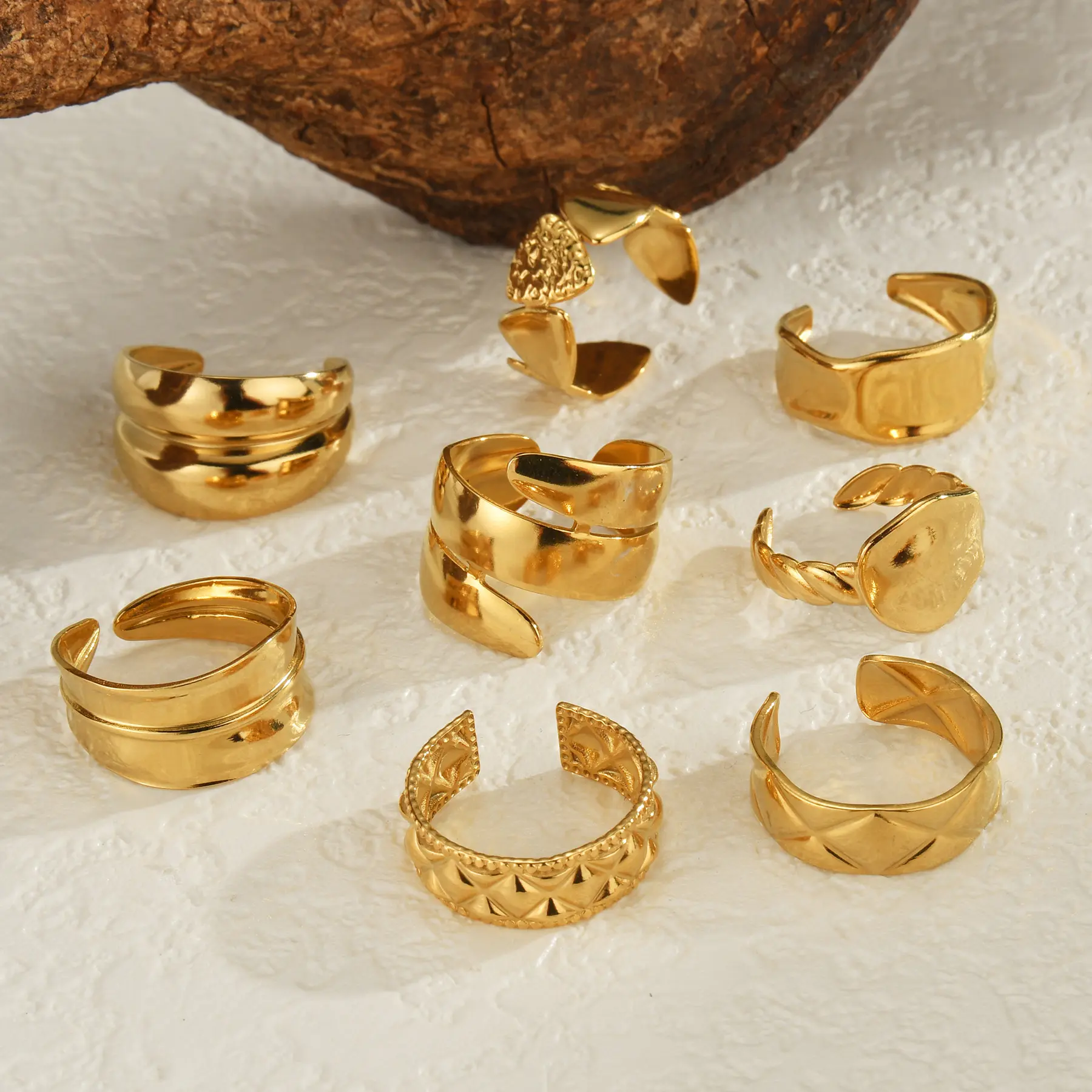 Freeteeme New Fashion Various 14K Gold Plated Ring for Women Stainless Steel Geometry Open Ring Accessories Jewelry Wedding Gift