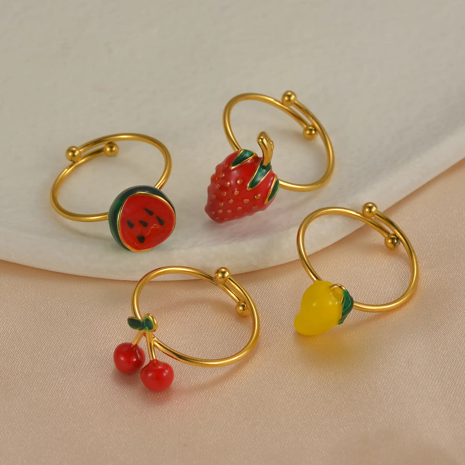 Freeteeme Exquisite Cute Cherry Ring for Women Girl Stainless Steel Gold Color Fruit Theme Open Rings Holiday Party Jewelry Gift