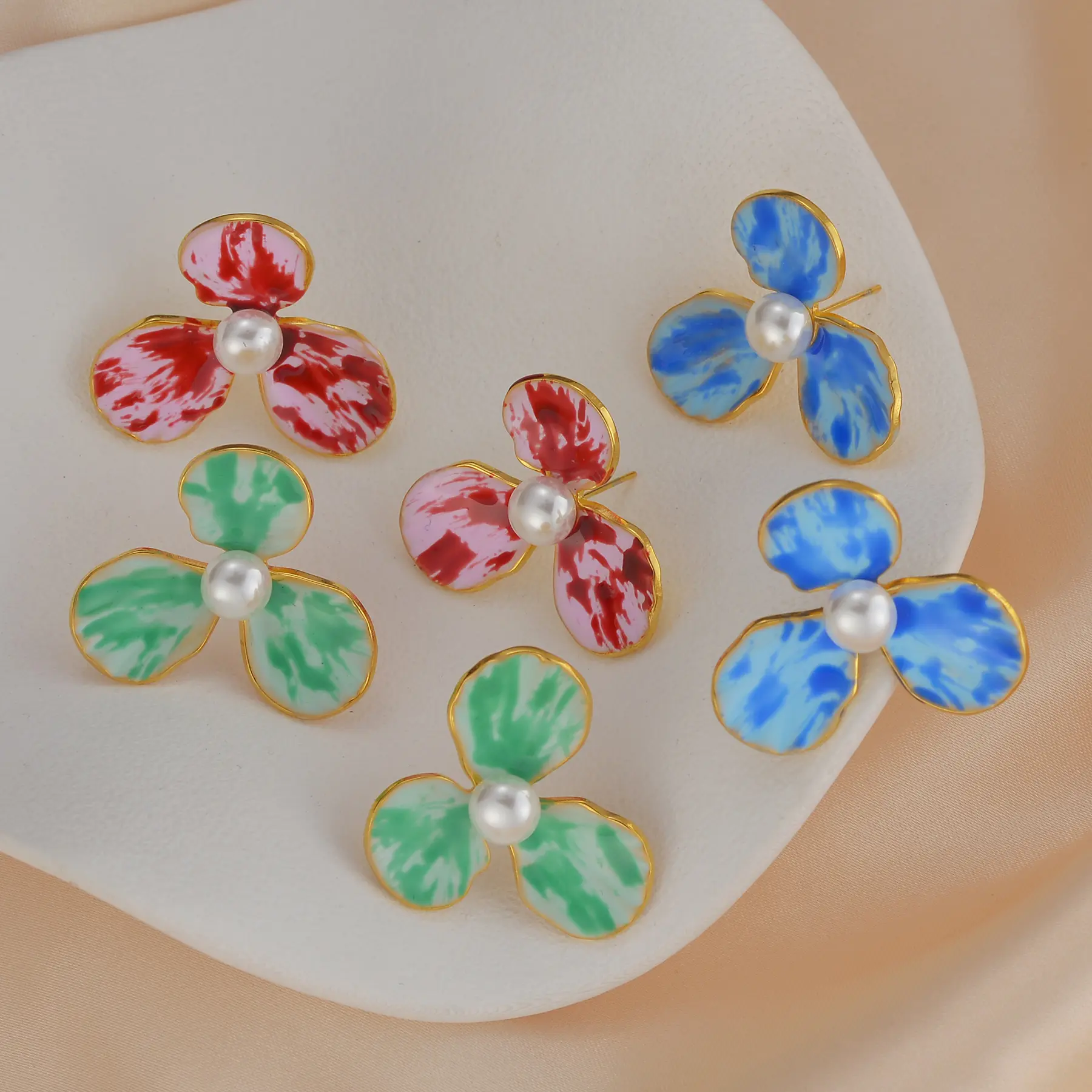 Freeteeme Various Style Colorful Oil Dripping Earring for Women Stainless Steel Flower Inlaid Bead Zircon Ear Studs Wedding Gift