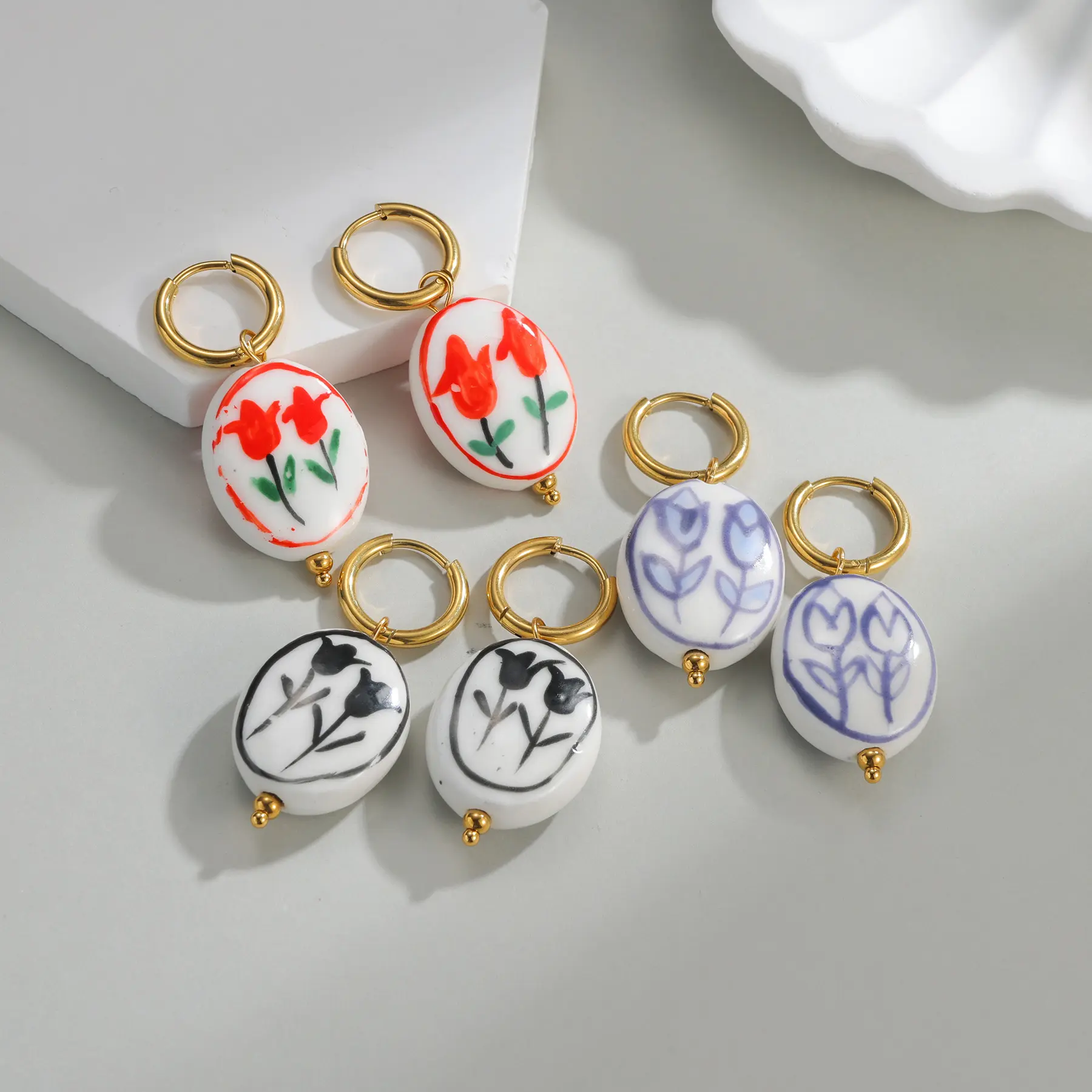 Freeteeme Chinese Style Ceramics Earrings for Women Gold Plated Cute Fish Rainbow Porcelain Ear Stud Daily Jewelry Birthday Gift