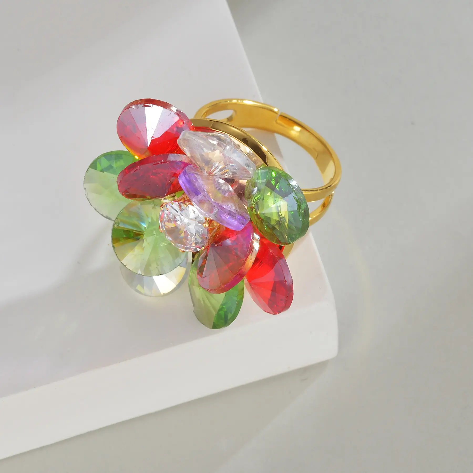 Freeteeme Sweet Colorful Acrylic Flower Ring for Women Gold Plated Stainless Steel Daily Open Ring Summer Jewelry Birthday Gift