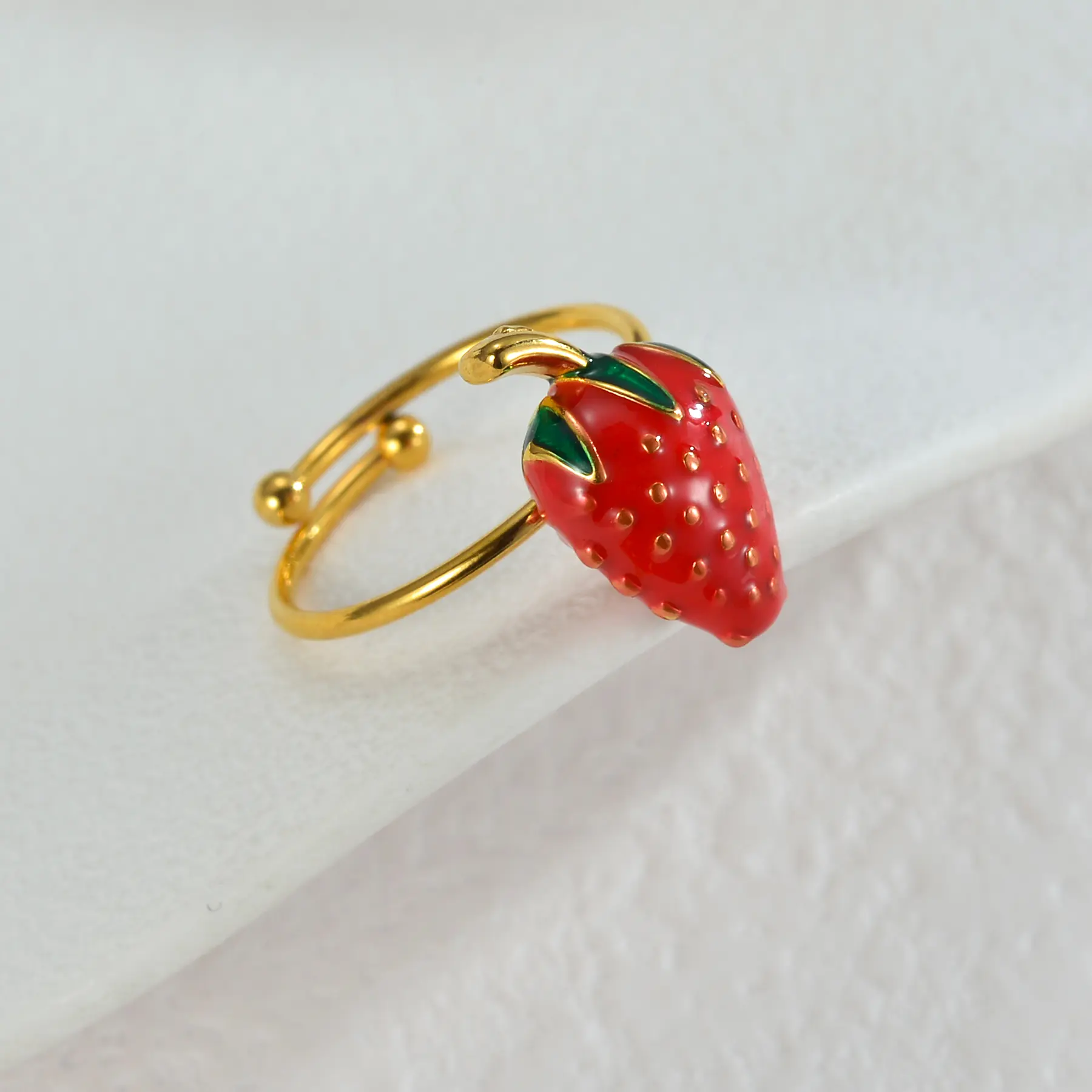 Freeteeme Exquisite Cute Cherry Ring for Women Girl Stainless Steel Gold Color Fruit Theme Open Rings Holiday Party Jewelry Gift