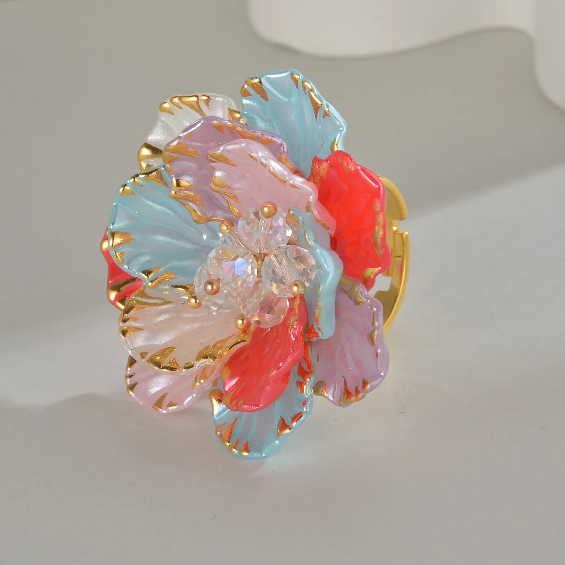 Freeteeme Sweet Colorful Acrylic Flower Ring for Women Gold Plated Stainless Steel Daily Open Ring Summer Jewelry Birthday Gift