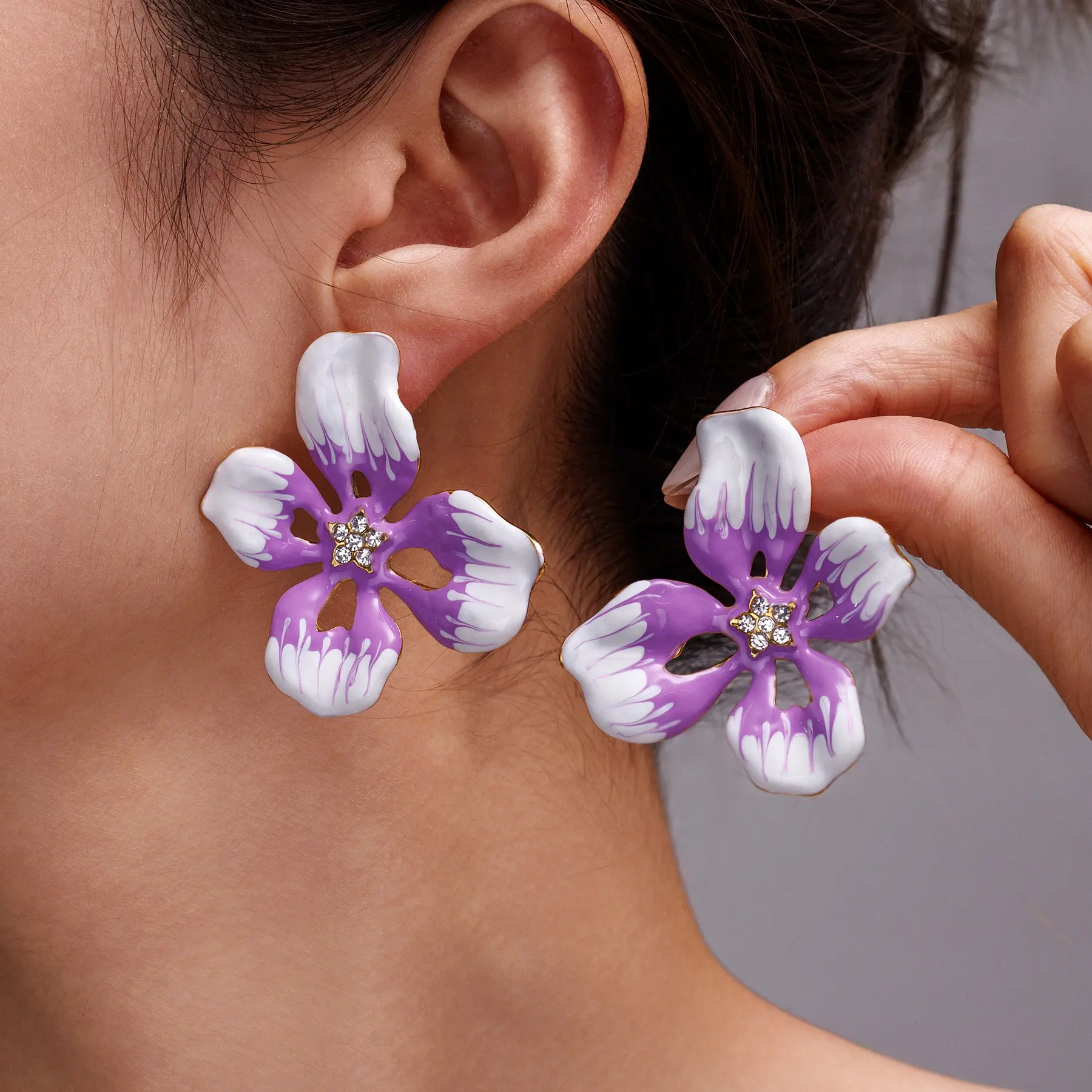 Freeteeme Various Style Colorful Oil Dripping Earring for Women Stainless Steel Flower Inlaid Bead Zircon Ear Studs Wedding Gift