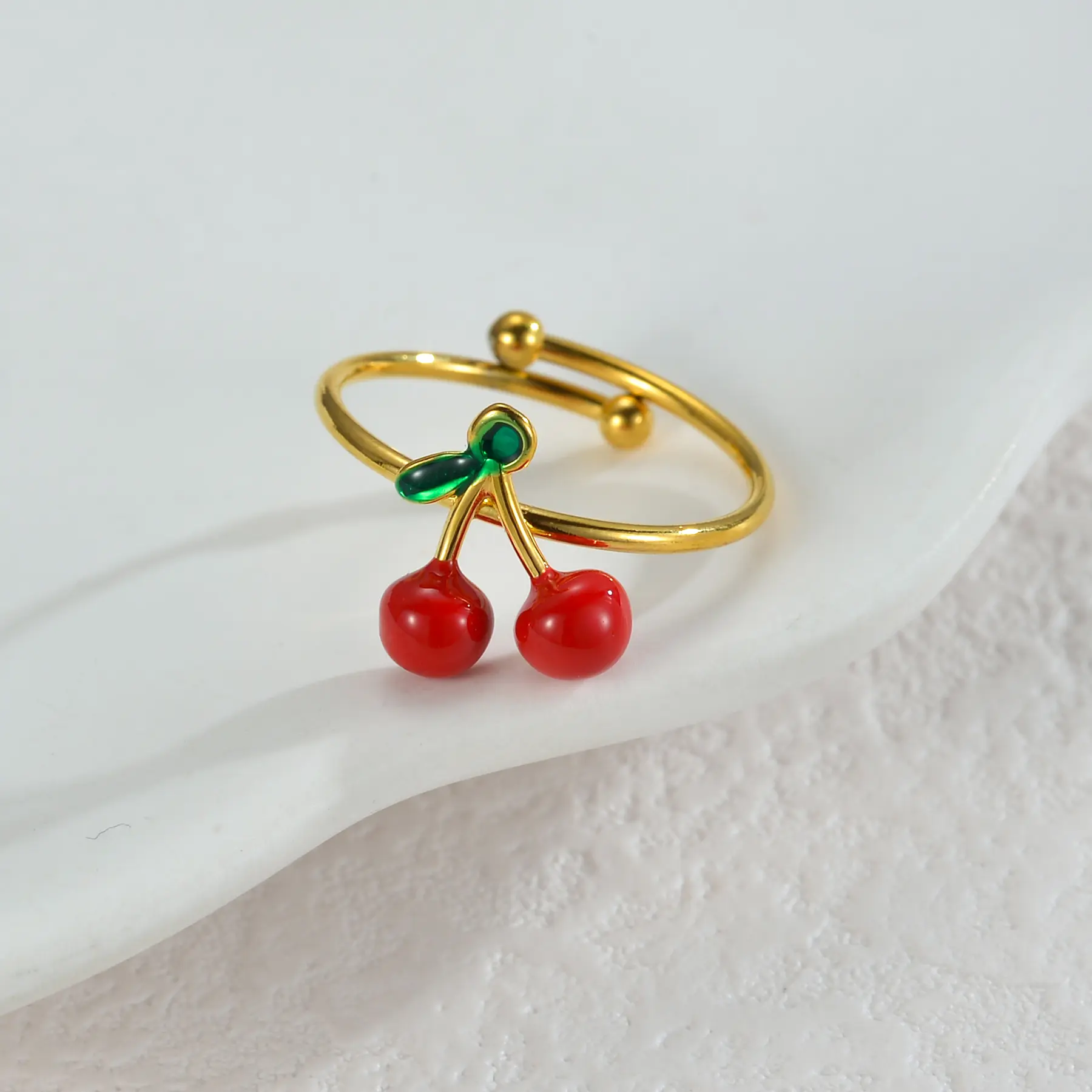 Freeteeme Exquisite Cute Cherry Ring for Women Girl Stainless Steel Gold Color Fruit Theme Open Rings Holiday Party Jewelry Gift
