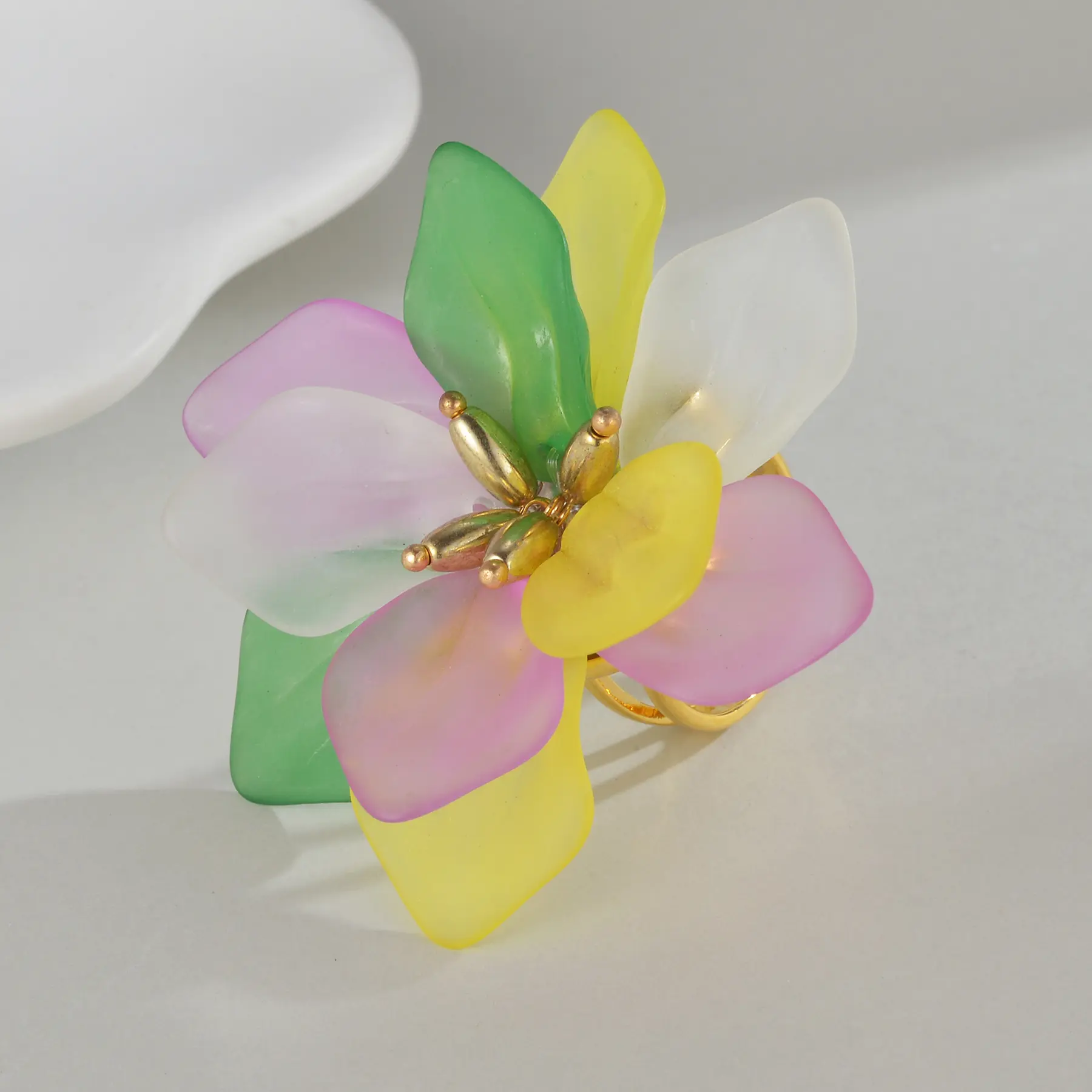 Freeteeme Sweet Colorful Acrylic Flower Ring for Women Gold Plated Stainless Steel Daily Open Ring Summer Jewelry Birthday Gift