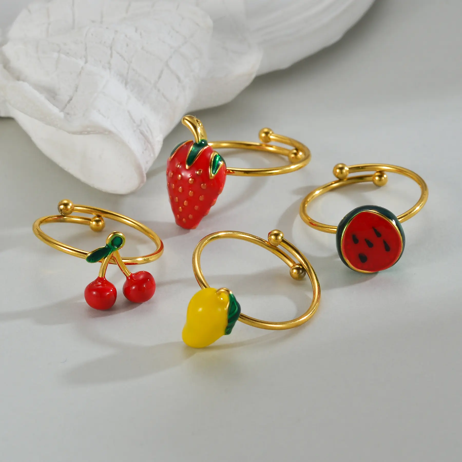 Freeteeme Exquisite Cute Cherry Ring for Women Girl Stainless Steel Gold Color Fruit Theme Open Rings Holiday Party Jewelry Gift