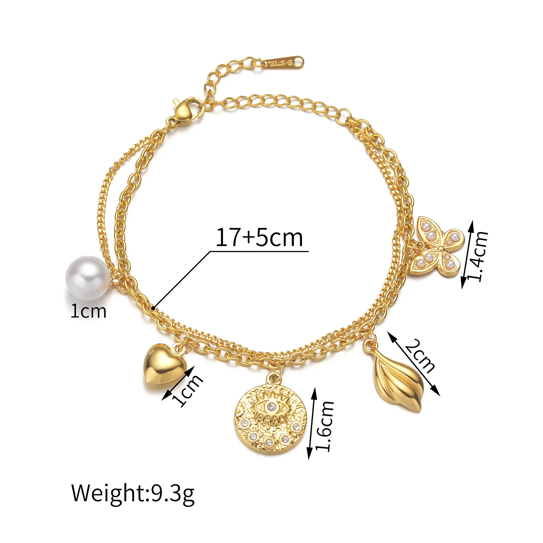 Freeteeme New Double Layers Heart-shaped Butterfly Pendant Bracelet for Women Gold-plated Stainless Steel Simple Birthday Gift