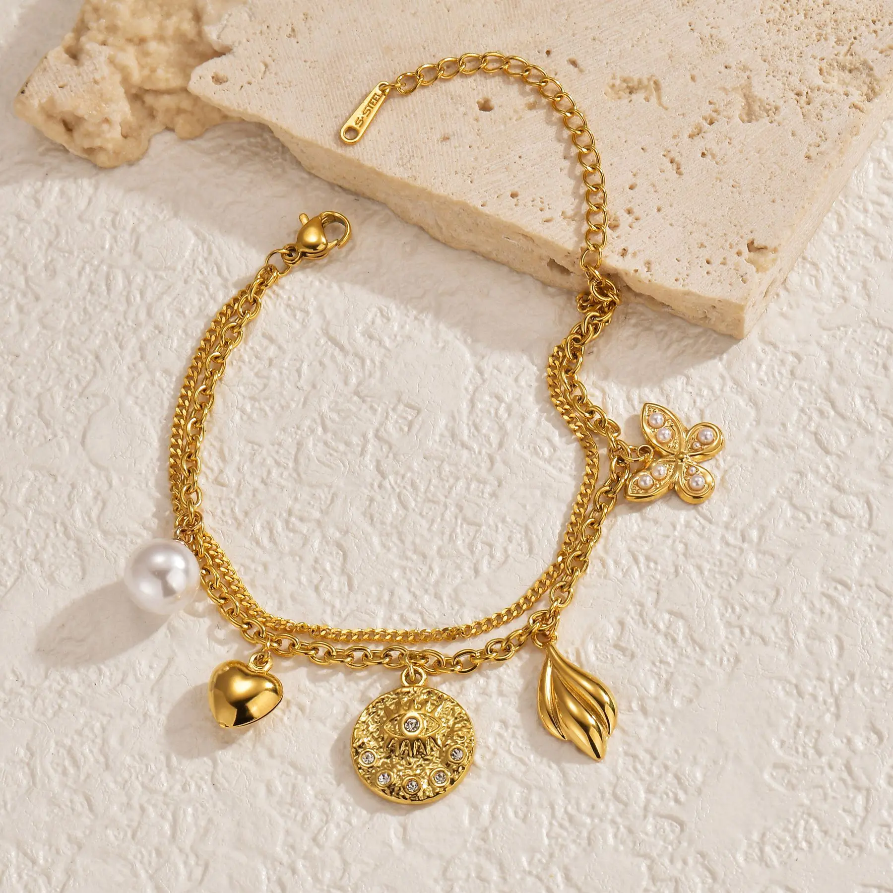 Freeteeme New Double Layers Heart-shaped Butterfly Pendant Bracelet for Women Gold-plated Stainless Steel Simple Birthday Gift