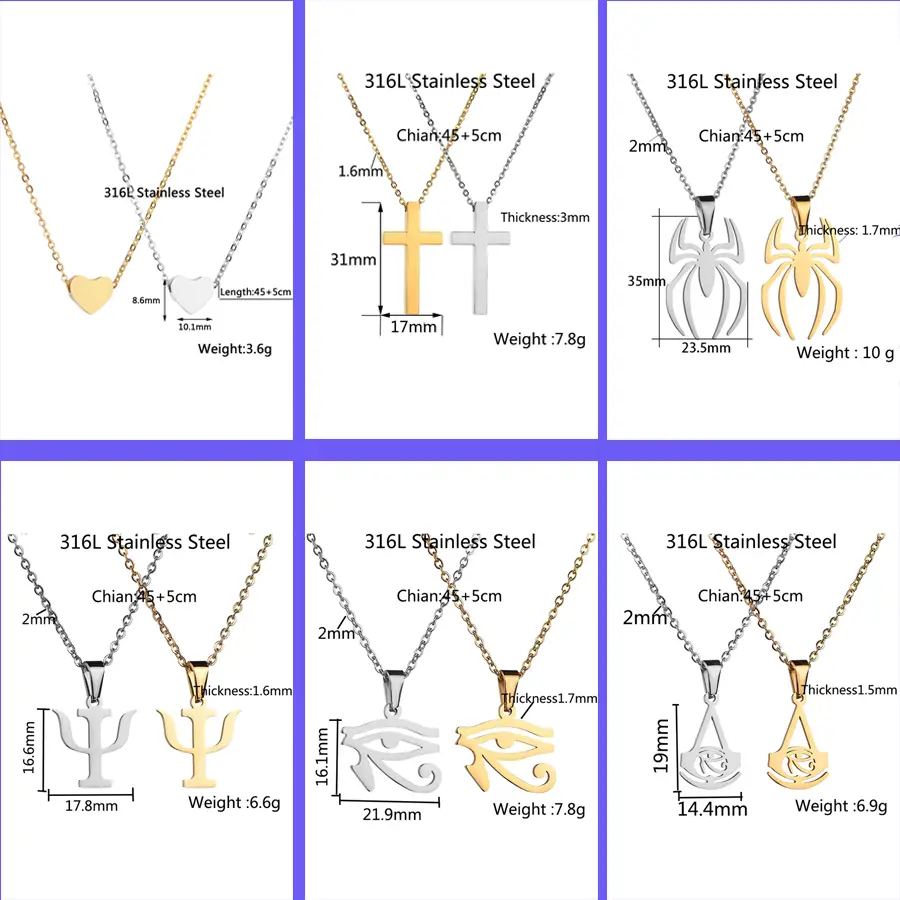 Freeteeme Simple Stainless Steel Cross Pendant for Women Men Gold Color Spider Shape PSI Sign Chain Choker Birthday Couple Gift