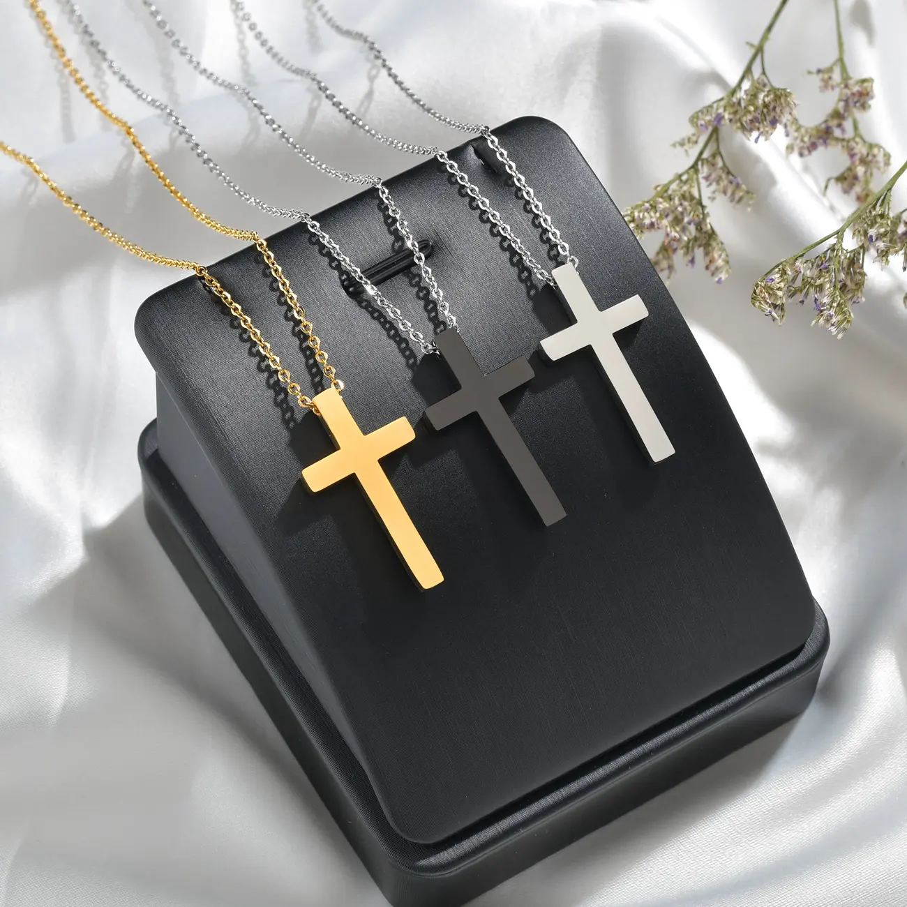 Freeteeme Simple Stainless Steel Cross Pendant for Women Men Gold Color Spider Shape PSI Sign Chain Choker Birthday Couple Gift