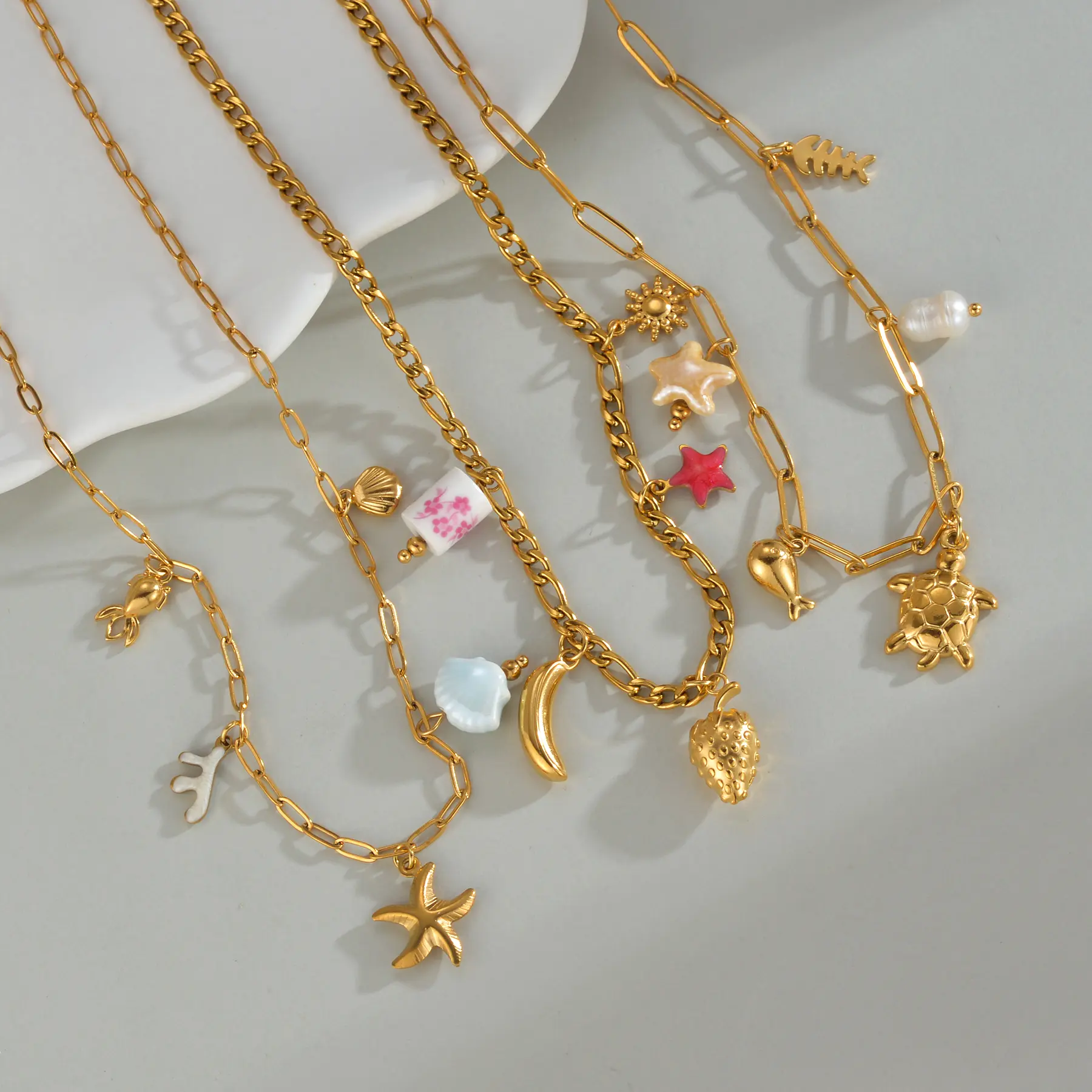 Freeteeme Bohemian Ocean Series Ceramic Charms Necklace for Women Stainless Steel Cute Fish Shell Pendant Chain Jewelry Gifts