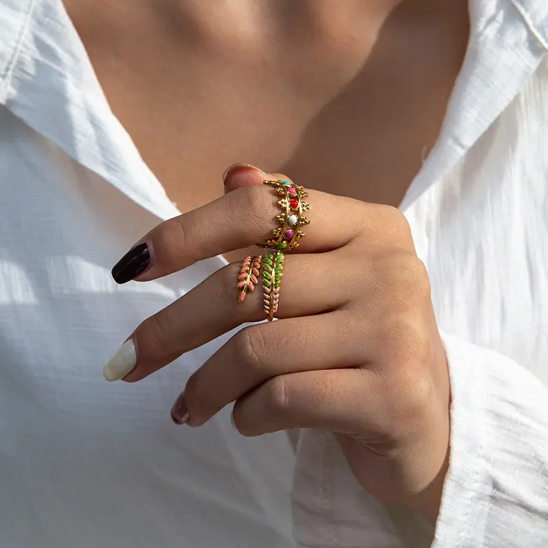 Freeteeme Retro Dripping Oil Colorful Wide Rings for Women Stainless Steel Open Ring Daily Wear Birthday Jewelry Gift Wholesale