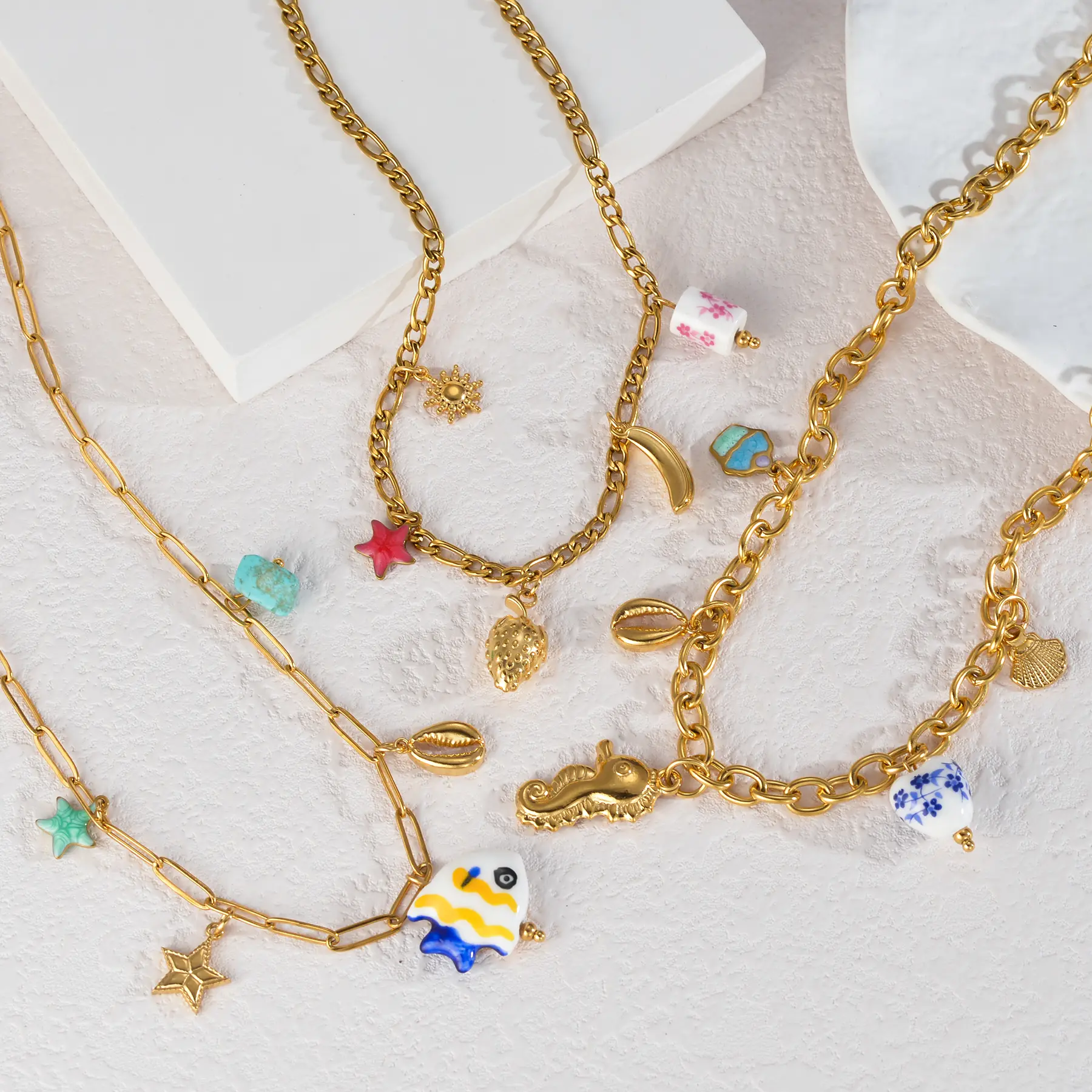 Freeteeme Bohemian Ocean Series Ceramic Charms Necklace for Women Stainless Steel Cute Fish Shell Pendant Chain Jewelry Gifts