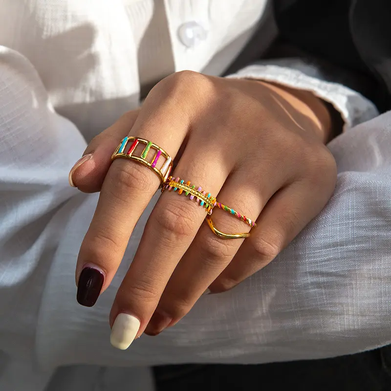 Freeteeme Retro Dripping Oil Colorful Wide Rings for Women Stainless Steel Open Ring Daily Wear Birthday Jewelry Gift Wholesale