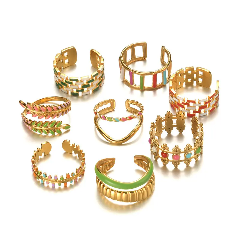 Freeteeme Retro Dripping Oil Colorful Wide Rings for Women Stainless Steel Open Ring Daily Wear Birthday Jewelry Gift Wholesale