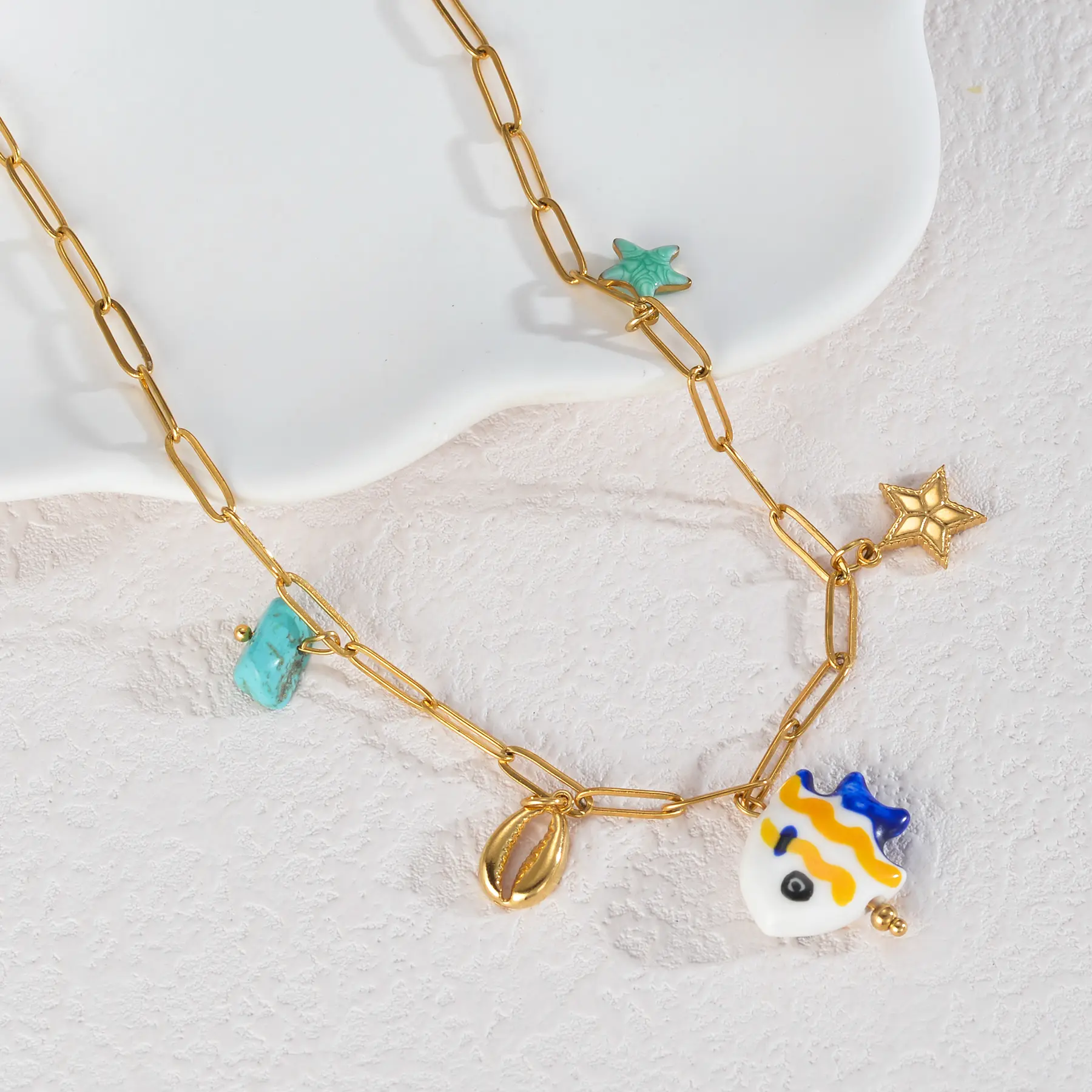 Freeteeme Bohemian Ocean Series Ceramic Charms Necklace for Women Stainless Steel Cute Fish Shell Pendant Chain Jewelry Gifts