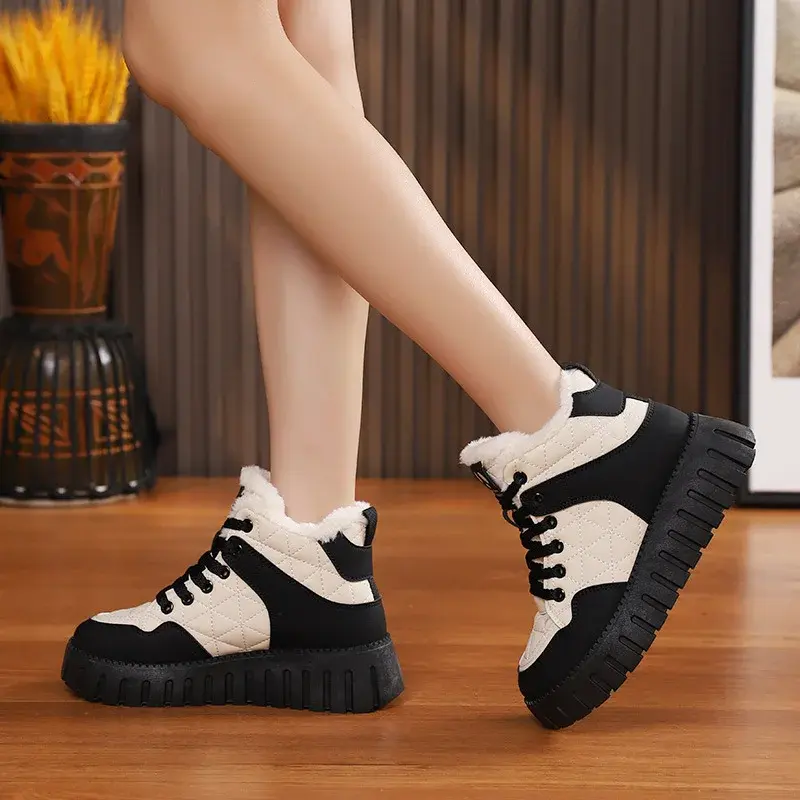 Women's Cotton Shoes Plush 2024 Winter Thick Sole Comfort Anti Slip Warm Ankle Boots Lace Up Platform Height Increasing Boots