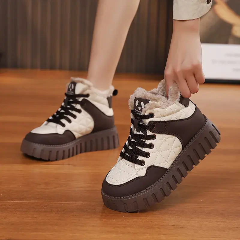 Women's Cotton Shoes Plush 2024 Winter Thick Sole Comfort Anti Slip Warm Ankle Boots Lace Up Platform Height Increasing Boots