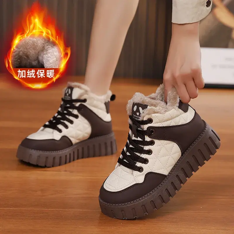 Women's Cotton Shoes Plush 2024 Winter Thick Sole Comfort Anti Slip Warm Ankle Boots Lace Up Platform Height Increasing Boots