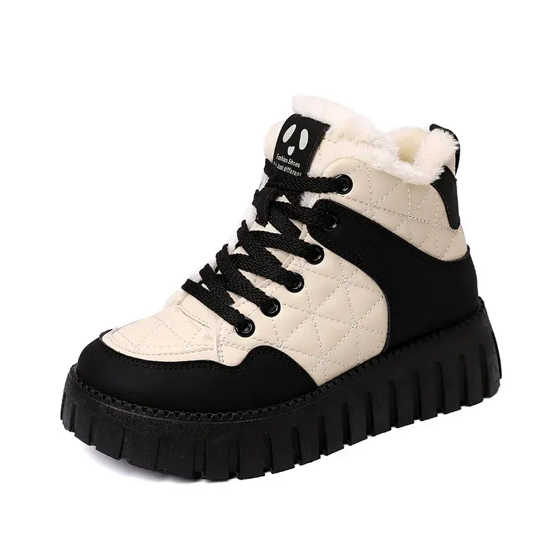 Women's Cotton Shoes Plush 2024 Winter Thick Sole Comfort Anti Slip Warm Ankle Boots Lace Up Platform Height Increasing Boots
