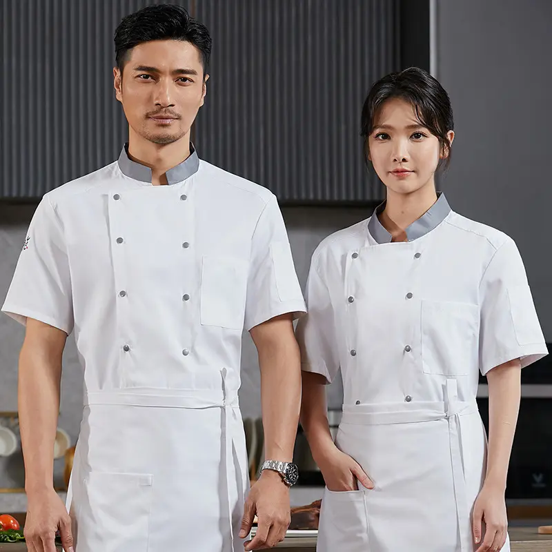 Short Sleeve Chef Jacket Buttons Men Women Hotel Restaurant Cook Shirt for Baking Pastry Waiter Uniform
