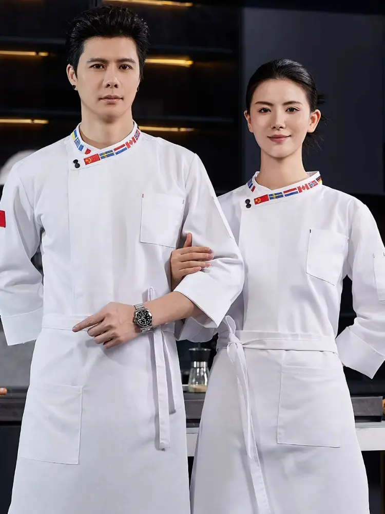 Chef Uniform Men Women Flag Collar Long Sleeve Hotel Restaurant Catering Kitchen Chef Coat Short Sleeve