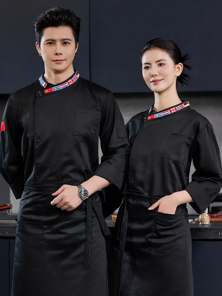 Chef Uniform Men Women Flag Collar Long Sleeve Hotel Restaurant Catering Kitchen Chef Coat Short Sleeve