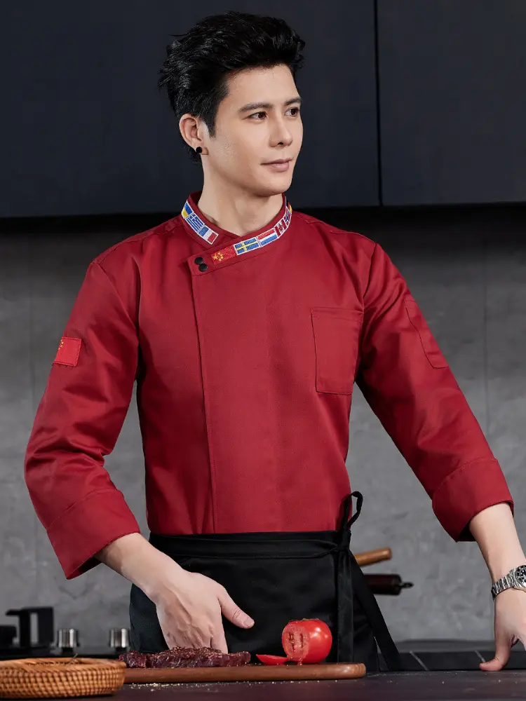 Chef Uniform Men Women Flag Collar Long Sleeve Hotel Restaurant Catering Kitchen Chef Coat Short Sleeve