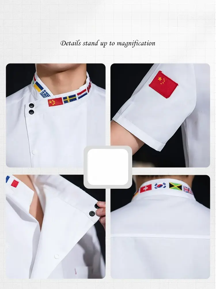 Chef Uniform Men Women Flag Collar Long Sleeve Hotel Restaurant Catering Kitchen Chef Coat Short Sleeve