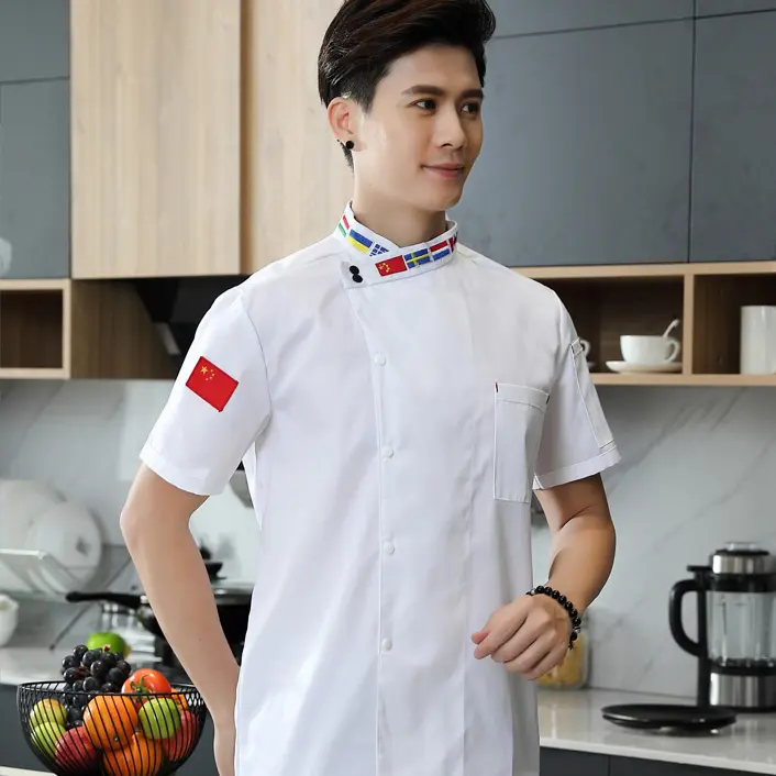 Chef Uniform Men Women Flag Collar Long Sleeve Hotel Restaurant Catering Kitchen Chef Coat Short Sleeve
