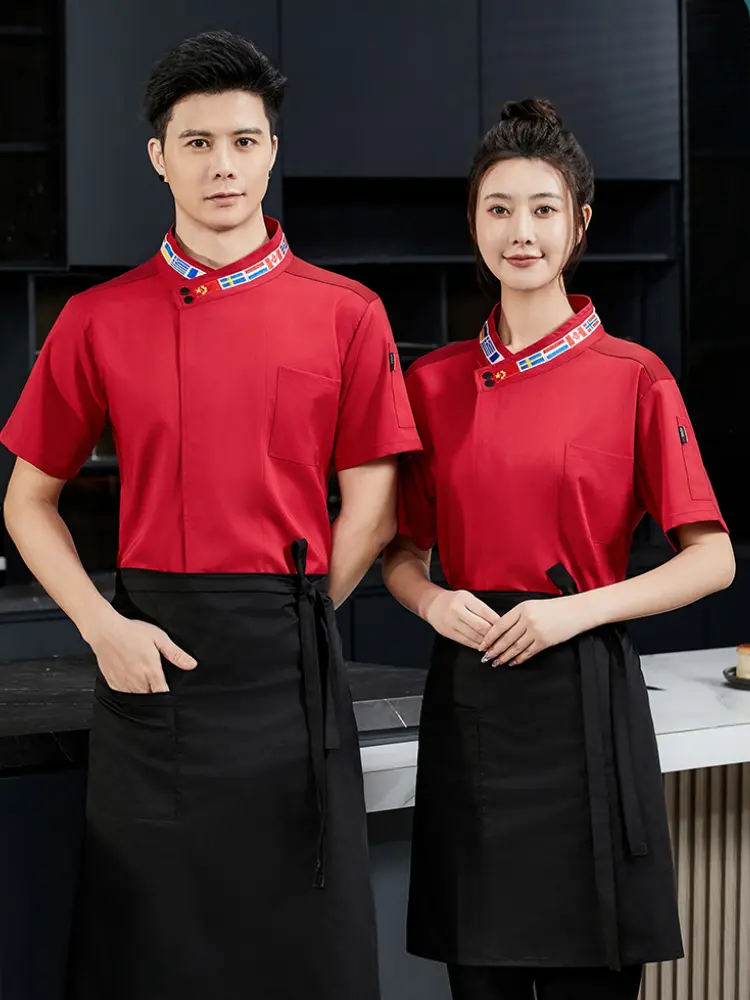 Chef Uniform Men Women Flag Collar Long Sleeve Hotel Restaurant Catering Kitchen Chef Coat Short Sleeve