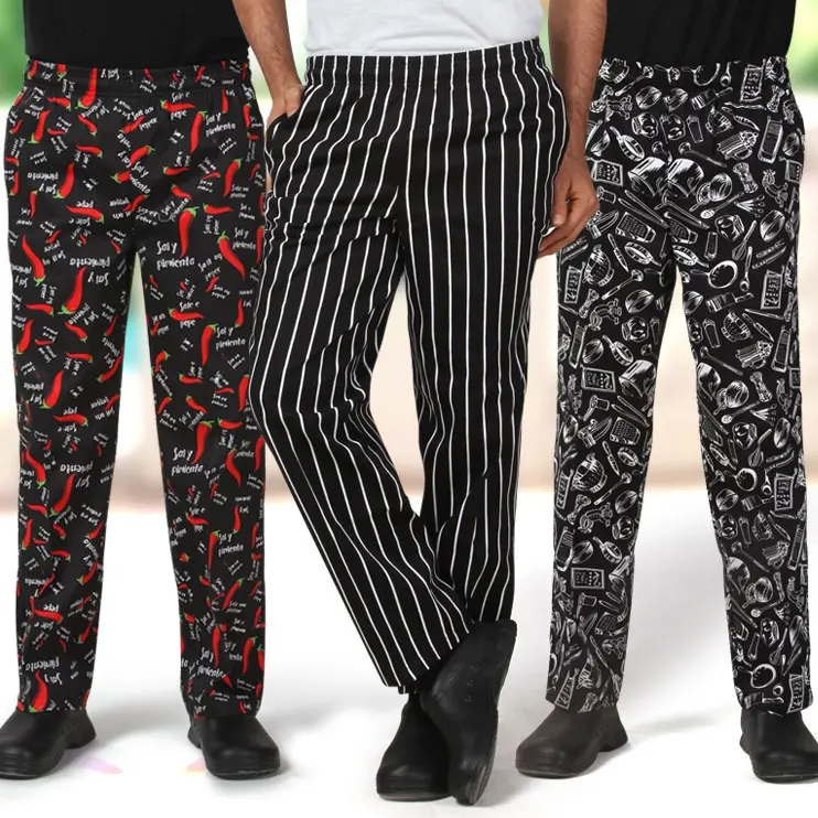 Unisex Fashion Waist Elastic Design Chef Pants Chili Cutlery Kitchenware Pattern Restaurant Canteen Chef Work Pants