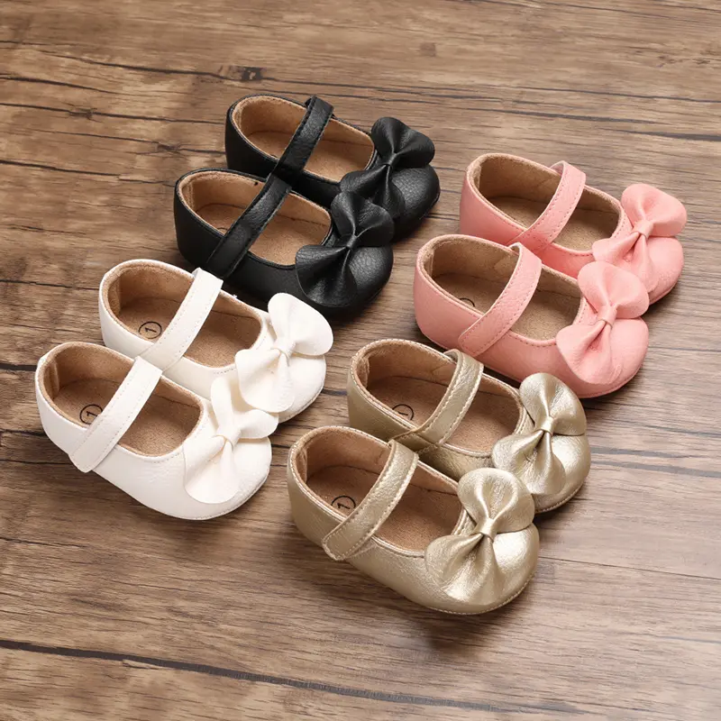 New Newborn Baby Walking Shoes Spring Autumn Solid Color Bow Princess Shoes PU Anti-slip Soft Rubber Bottom Baby Casual