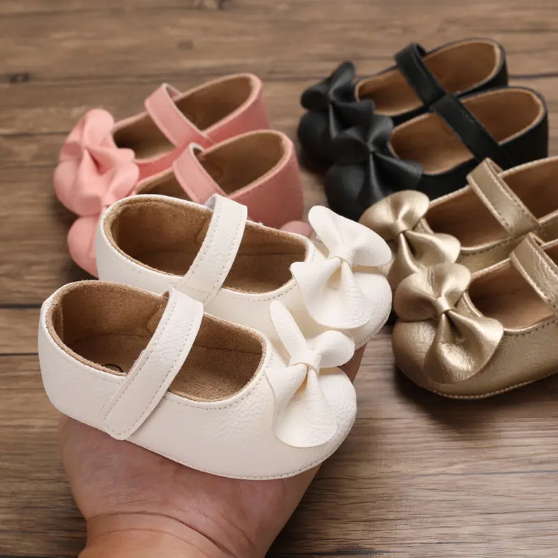 New Newborn Baby Walking Shoes Spring Autumn Solid Color Bow Princess Shoes PU Anti-slip Soft Rubber Bottom Baby Casual