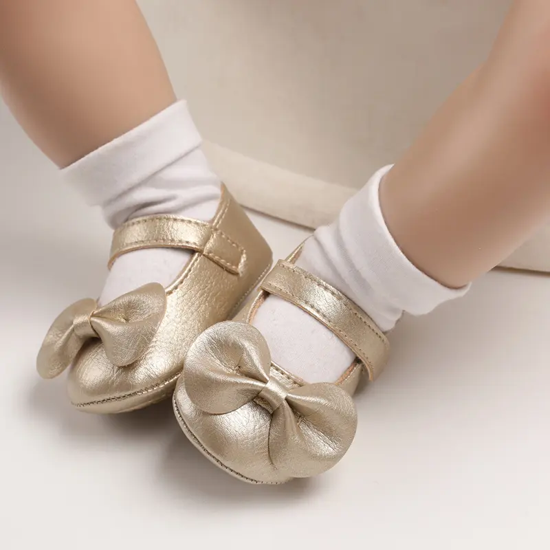 New Newborn Baby Walking Shoes Spring Autumn Solid Color Bow Princess Shoes PU Anti-slip Soft Rubber Bottom Baby Casual