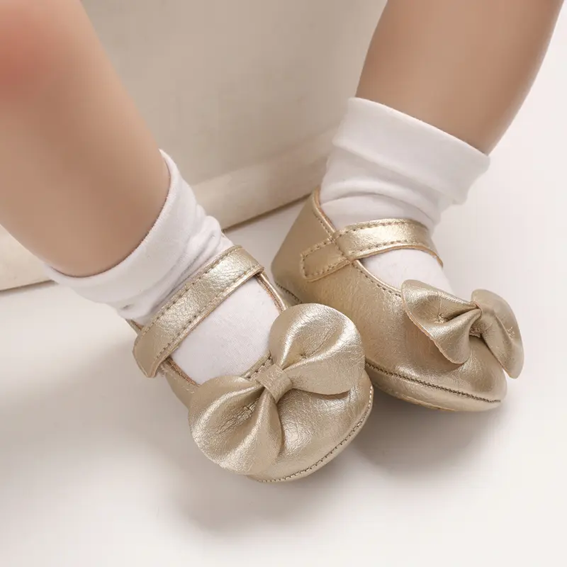 New Newborn Baby Walking Shoes Spring Autumn Solid Color Bow Princess Shoes PU Anti-slip Soft Rubber Bottom Baby Casual