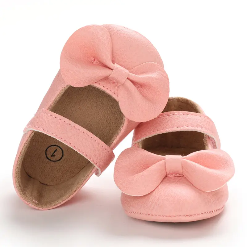 New Newborn Baby Walking Shoes Spring Autumn Solid Color Bow Princess Shoes PU Anti-slip Soft Rubber Bottom Baby Casual
