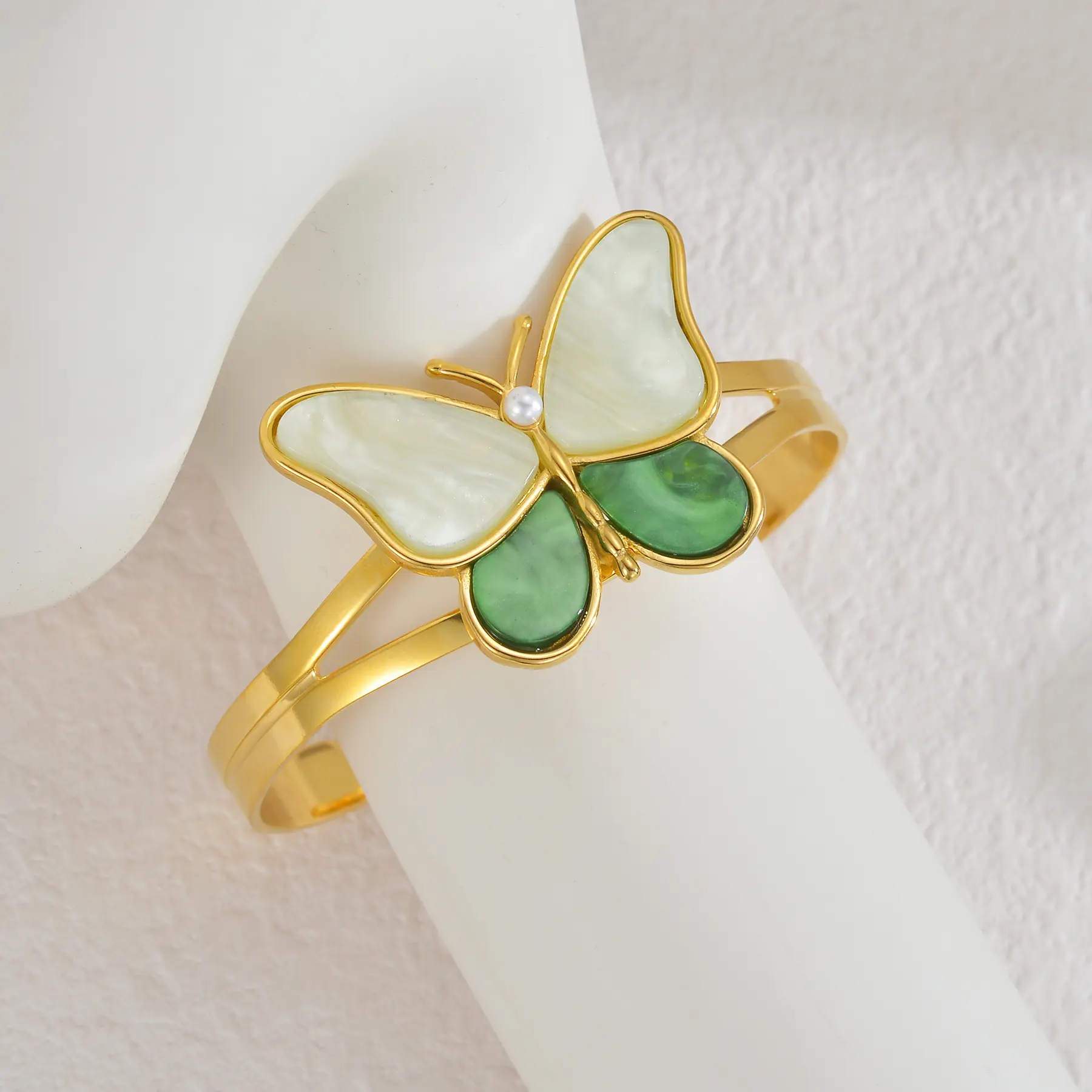 Freeteeme Stylish Colorful Butterfly Cuff Bangle for Women Stainless Steel Inlaid Pearl Open Bracelet Gold Color Birthday Gifts